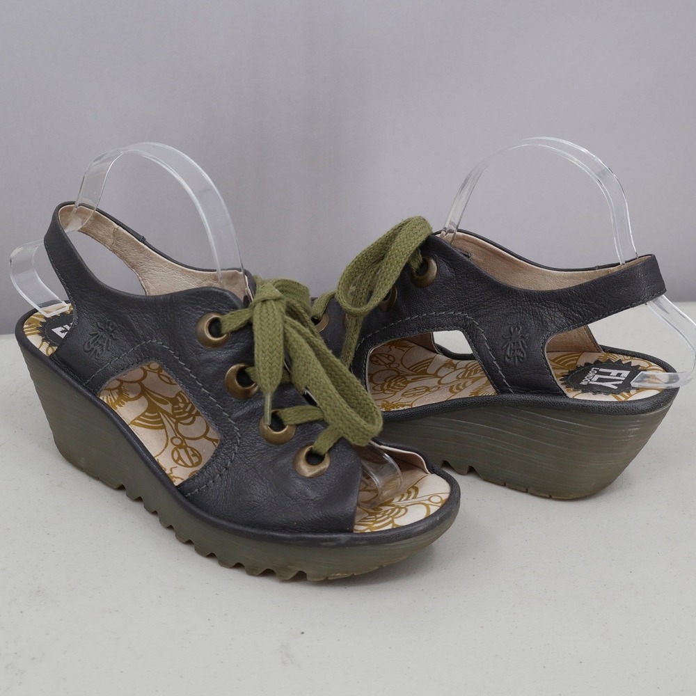 Fly London Yala Wedge Sandals Women 39 Gray Leather Lace Up Platform Euro Edgy